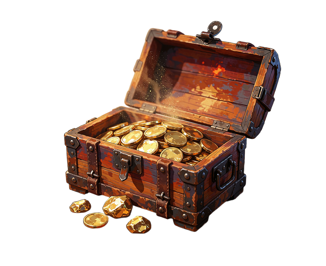 Otwarta żelazna skrzynia ze złotymi monetami i samorodkami - symbol wpłat BTC, ETH i USDT w WestAce Casino