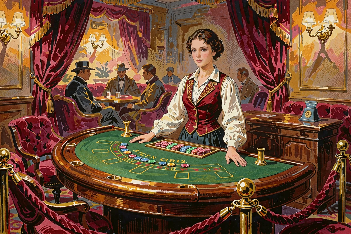 Krupierka przy stole do blackjacka w salonie kasyna na żywo WestAce - żetony, karty i czerwone kotary