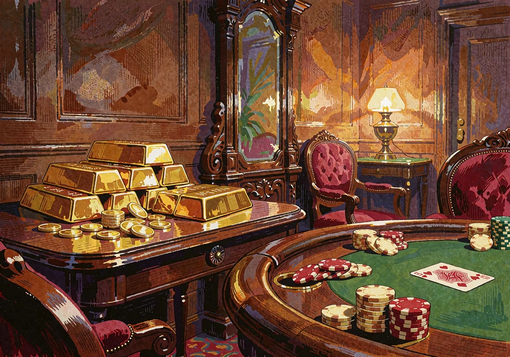 Sztabki złota i żetony przy stole pokerowym w prywatnym salonie klubu VIP WestAce Casino
